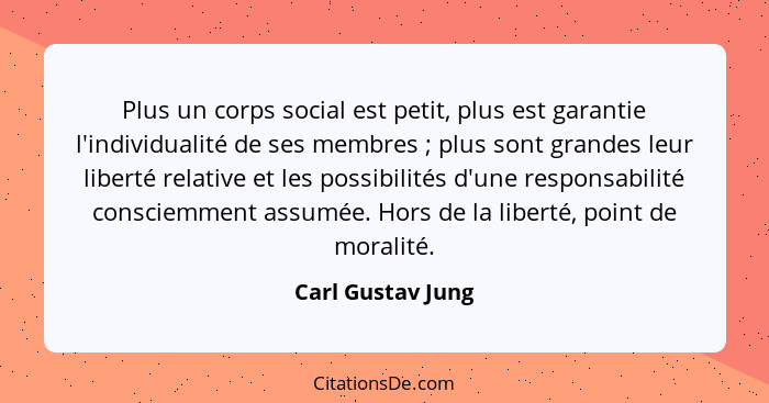 Plus un corps social est petit, plus est garantie l'individualité de ses membres ; plus sont grandes leur liberté relative et... - Carl Gustav Jung