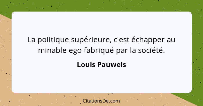 La politique supérieure, c'est échapper au minable ego fabriqué par la société.... - Louis Pauwels