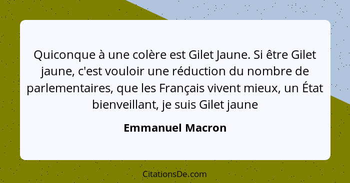 Quiconque à une colère est Gilet Jaune. Si être Gilet jaune, c'est vouloir une réduction du nombre de parlementaires, que les França... - Emmanuel Macron
