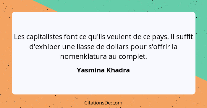 Les capitalistes font ce qu'ils veulent de ce pays. Il suffit d'exhiber une liasse de dollars pour s'offrir la nomenklatura au comple... - Yasmina Khadra