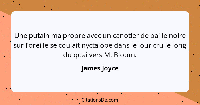 Une putain malpropre avec un canotier de paille noire sur l'oreille se coulait nyctalope dans le jour cru le long du quai vers M. Bloom.... - James Joyce