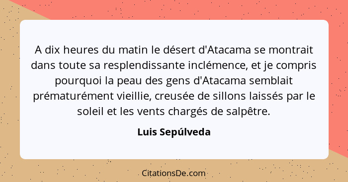 A dix heures du matin le désert d'Atacama se montrait dans toute sa resplendissante inclémence, et je compris pourquoi la peau des ge... - Luis Sepúlveda