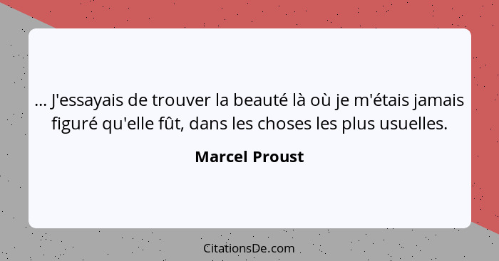 ... J'essayais de trouver la beauté là où je m'étais jamais figuré qu'elle fût, dans les choses les plus usuelles.... - Marcel Proust