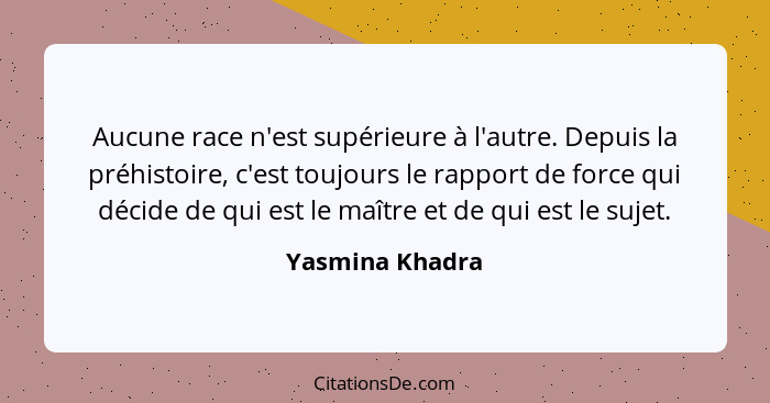 Aucune race n'est supérieure à l'autre. Depuis la préhistoire, c'est toujours le rapport de force qui décide de qui est le maître et... - Yasmina Khadra