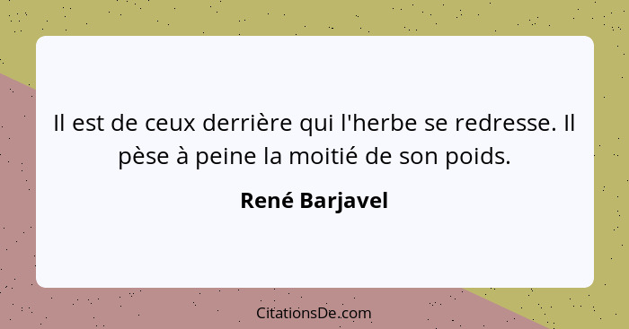 Il est de ceux derrière qui l'herbe se redresse. Il pèse à peine la moitié de son poids.... - René Barjavel