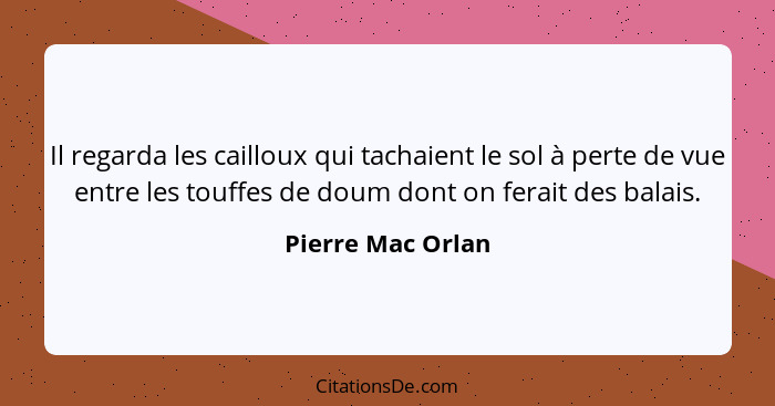 Il regarda les cailloux qui tachaient le sol à perte de vue entre les touffes de doum dont on ferait des balais.... - Pierre Mac Orlan