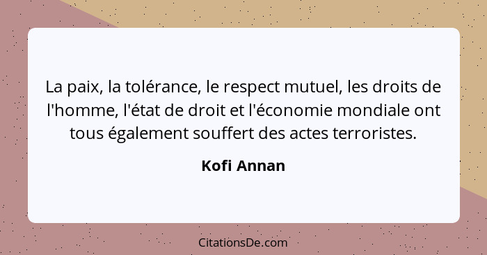 La paix, la tolérance, le respect mutuel, les droits de l'homme, l'état de droit et l'économie mondiale ont tous également souffert des a... - Kofi Annan