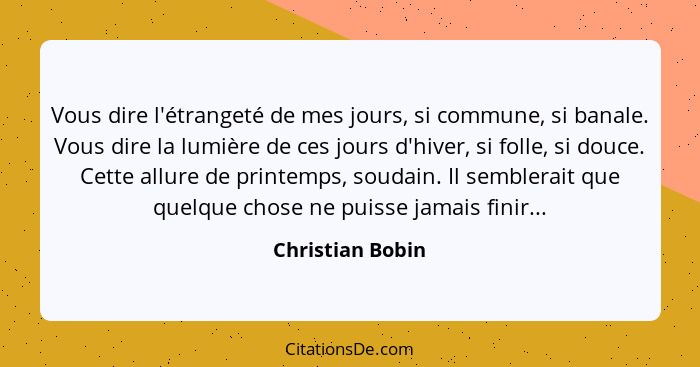 Vous dire l'étrangeté de mes jours, si commune, si banale. Vous dire la lumière de ces jours d'hiver, si folle, si douce. Cette allu... - Christian Bobin