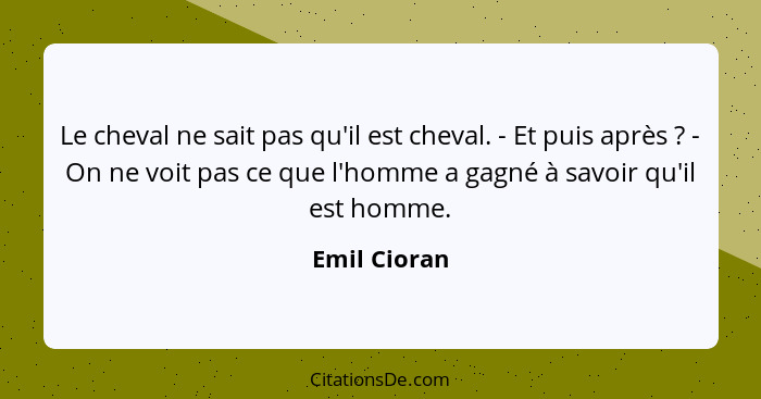 Le cheval ne sait pas qu'il est cheval. - Et puis après ? - On ne voit pas ce que l'homme a gagné à savoir qu'il est homme.... - Emil Cioran