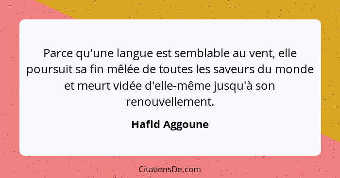 Parce qu'une langue est semblable au vent, elle poursuit sa fin mêlée de toutes les saveurs du monde et meurt vidée d'elle-même jusqu'... - Hafid Aggoune