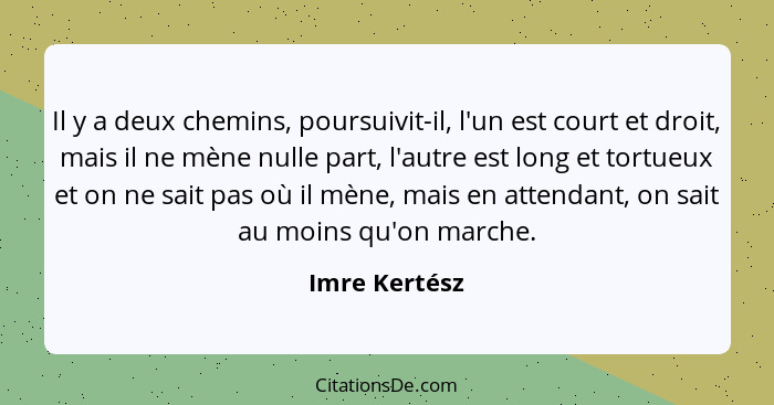 Il y a deux chemins, poursuivit-il, l'un est court et droit, mais il ne mène nulle part, l'autre est long et tortueux et on ne sait pas... - Imre Kertész