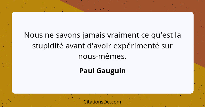 Nous ne savons jamais vraiment ce qu'est la stupidité avant d'avoir expérimenté sur nous-mêmes.... - Paul Gauguin