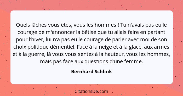 Quels lâches vous êtes, vous les hommes ! Tu n'avais pas eu le courage de m'annoncer la bêtise que tu allais faire en partant... - Bernhard Schlink