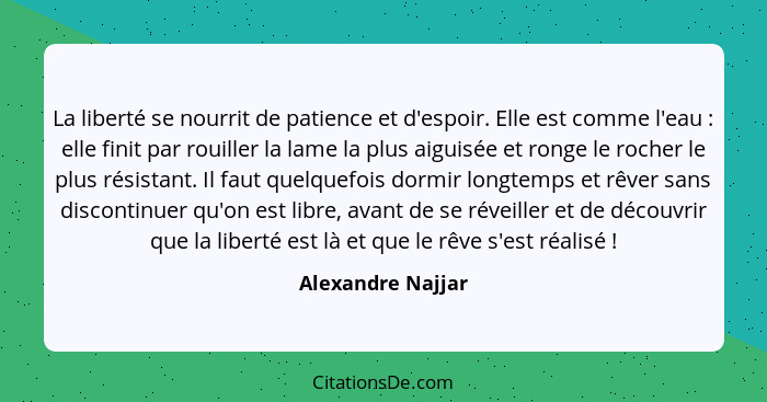 La liberté se nourrit de patience et d'espoir. Elle est comme l'eau : elle finit par rouiller la lame la plus aiguisée et rong... - Alexandre Najjar