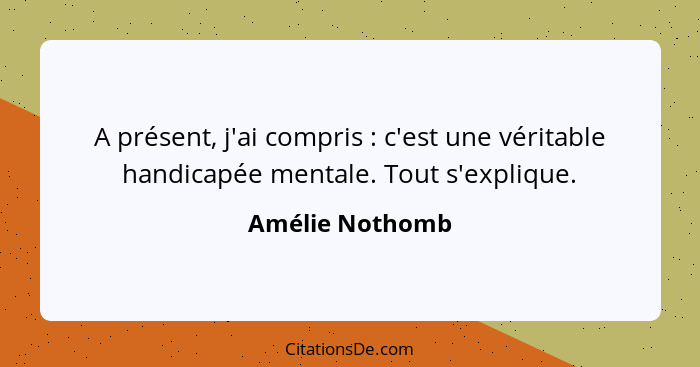 A présent, j'ai compris : c'est une véritable handicapée mentale. Tout s'explique.... - Amélie Nothomb