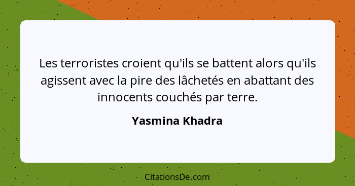 Les terroristes croient qu'ils se battent alors qu'ils agissent avec la pire des lâchetés en abattant des innocents couchés par terre... - Yasmina Khadra
