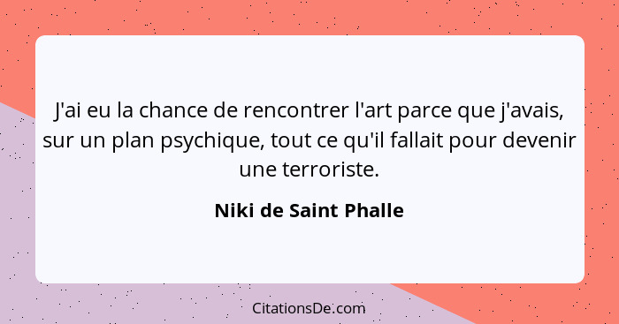 J'ai eu la chance de rencontrer l'art parce que j'avais, sur un plan psychique, tout ce qu'il fallait pour devenir une terroris... - Niki de Saint Phalle