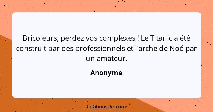 Bricoleurs, perdez vos complexes ! Le Titanic a été construit par des professionnels et l'arche de Noé par un amateur.... - Anonyme