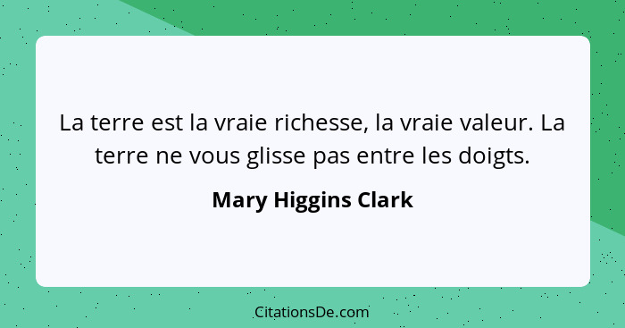 La terre est la vraie richesse, la vraie valeur. La terre ne vous glisse pas entre les doigts.... - Mary Higgins Clark