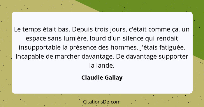 Le temps était bas. Depuis trois jours, c'était comme ça, un espace sans lumière, lourd d'un silence qui rendait insupportable la pré... - Claudie Gallay