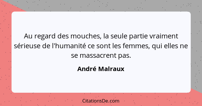 Au regard des mouches, la seule partie vraiment sérieuse de l'humanité ce sont les femmes, qui elles ne se massacrent pas.... - André Malraux