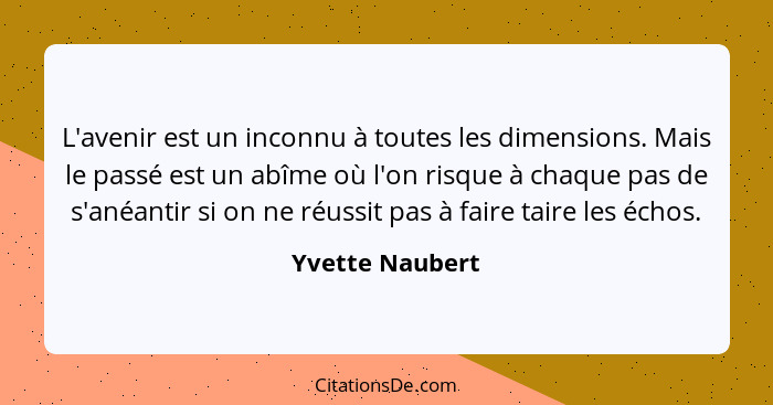 L'avenir est un inconnu à toutes les dimensions. Mais le passé est un abîme où l'on risque à chaque pas de s'anéantir si on ne réussi... - Yvette Naubert