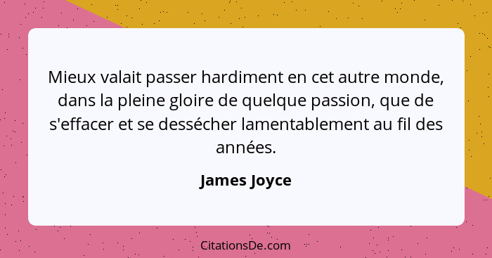Mieux valait passer hardiment en cet autre monde, dans la pleine gloire de quelque passion, que de s'effacer et se dessécher lamentablem... - James Joyce