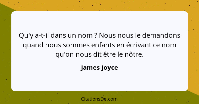 Qu'y a-t-il dans un nom ? Nous nous le demandons quand nous sommes enfants en écrivant ce nom qu'on nous dit être le nôtre.... - James Joyce