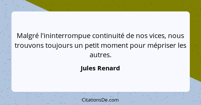 Malgré l'ininterrompue continuité de nos vices, nous trouvons toujours un petit moment pour mépriser les autres.... - Jules Renard